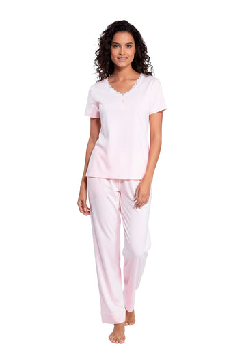 Set Pijama Manga Corta con encaje Algodón Premium Peruano Rosa 03